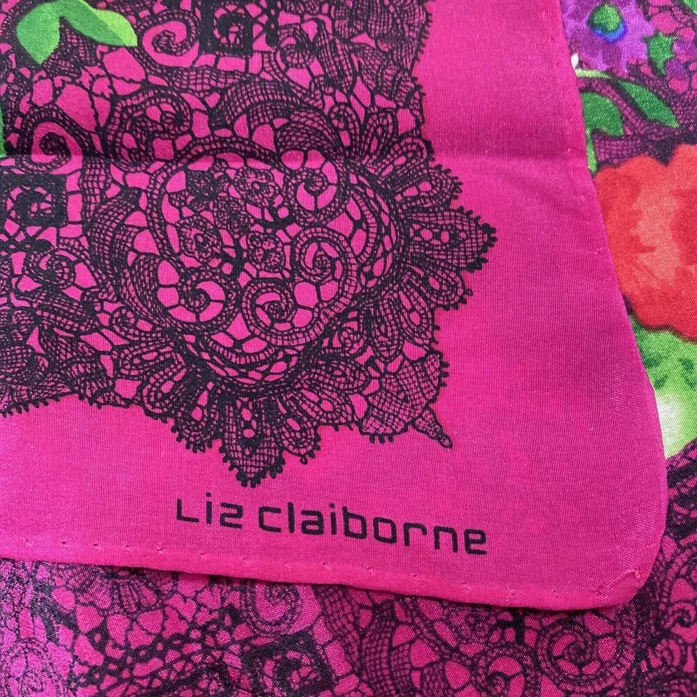 Vintage Liz Claiborne Designer Silk Scarf Lace Print Floral Design Gem Tones